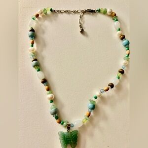 Vintage Necklace Aventurine Butterfly, Amazonite, Freshwater Pearls, Jasper 19”